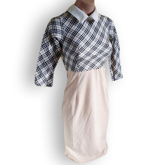 Dresses & Skirts - Black, tan and light cream plaid / tartan, 3/4 sleeve dress with white collar